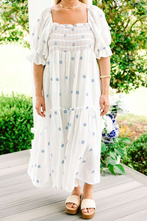 Chic  Soul plus size clothing, white midi dress with blue floral embroidered details and bubble sleeves