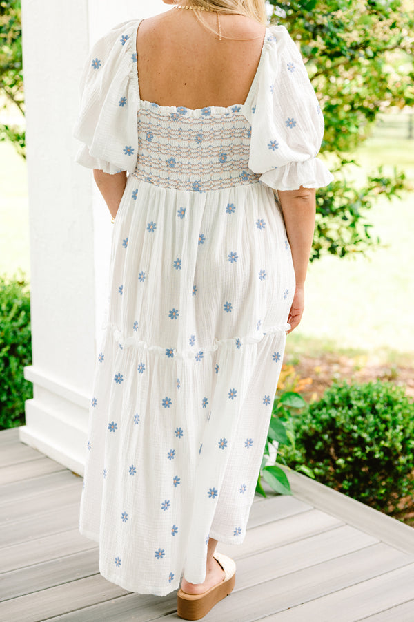 Chic  Soul plus size clothing, white midi dress with blue floral embroidered details and bubble sleeves