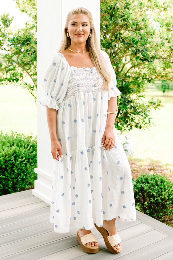 Chic  Soul plus size clothing, white midi dress with blue floral embroidered details and bubble sleeves