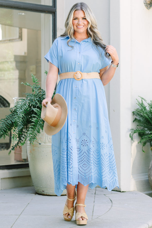 Plus Size blue midi shirt dress with short sleeves, eyelet hem, and a woven straw belt.