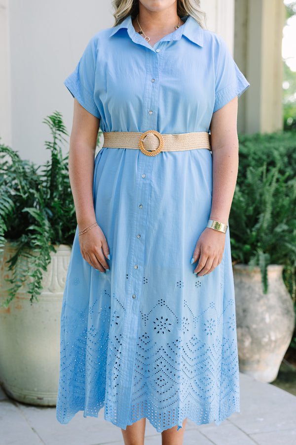 Plus Size blue midi shirt dress with short sleeves, eyelet hem, and a woven straw belt.
