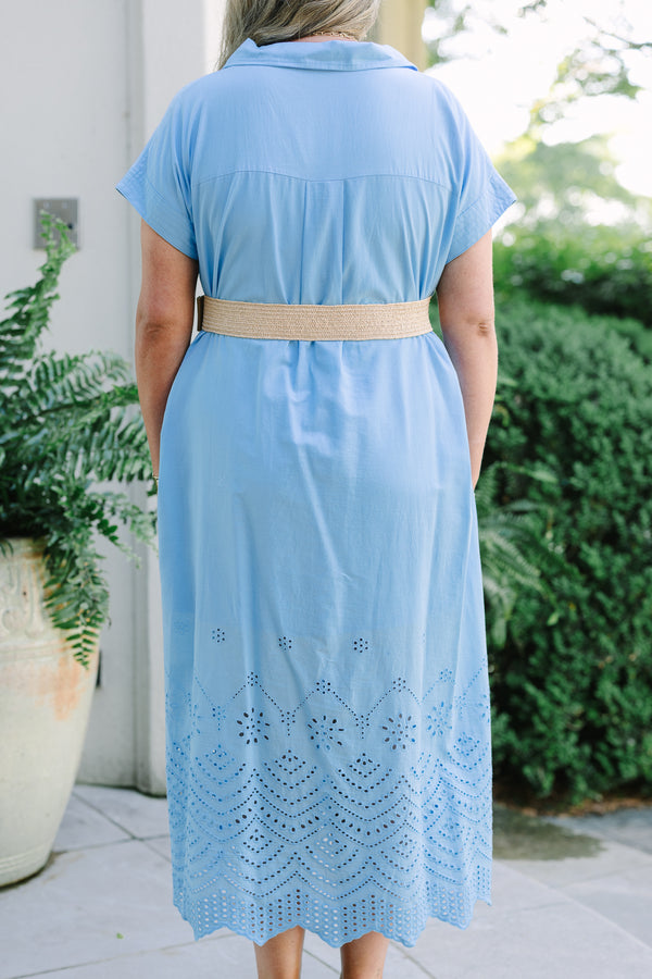 Plus Size blue midi shirt dress with short sleeves, eyelet hem, and a woven straw belt.