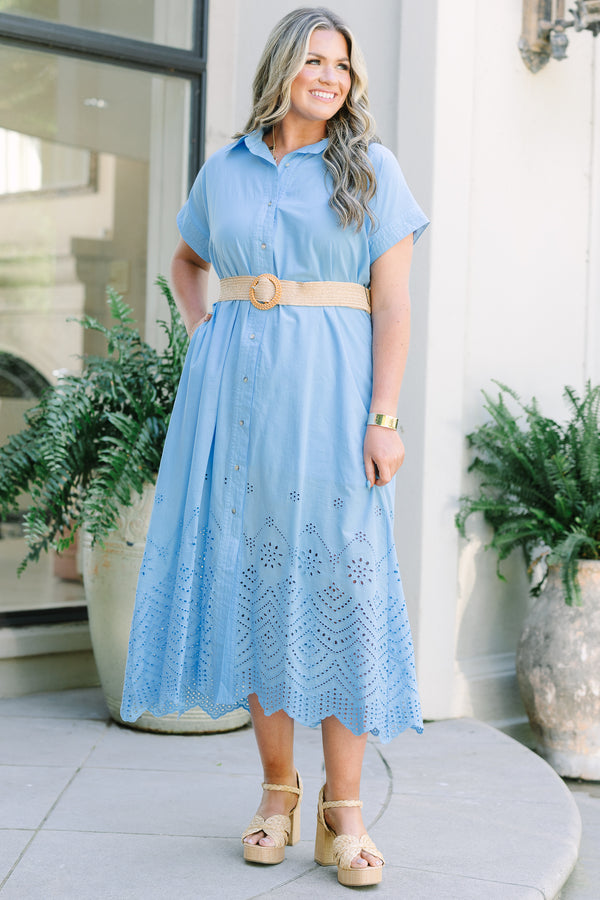 Plus Size blue midi shirt dress with short sleeves, eyelet hem, and a woven straw belt.