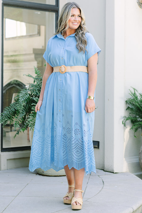 Plus Size blue midi shirt dress with short sleeves, eyelet hem, and a woven straw belt.