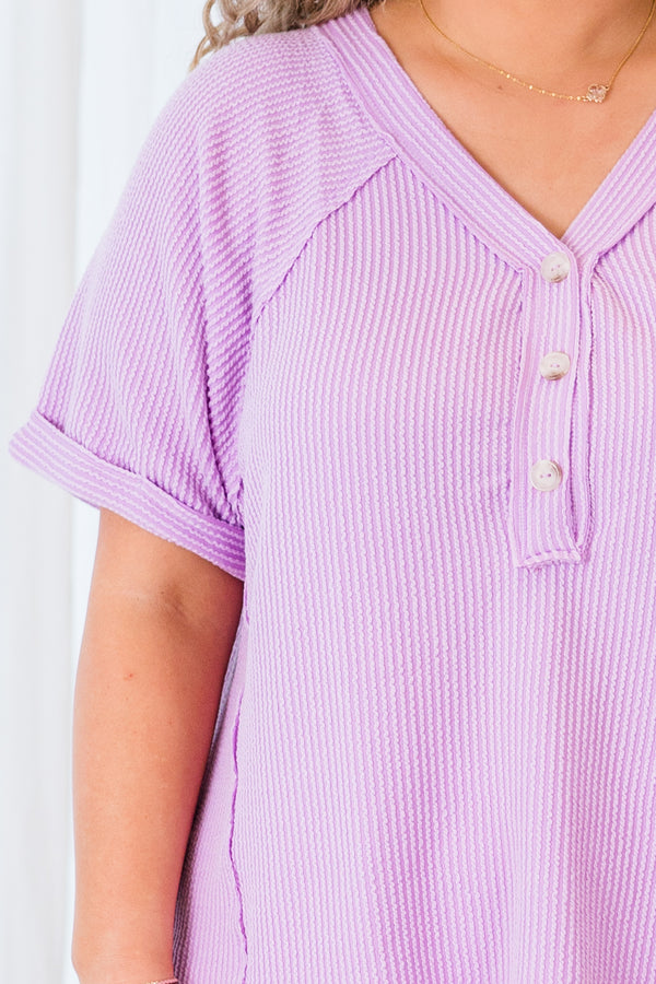Chic Soul plus size clothing, short sleeve lilac ribbed top with button up detail with v neckline and cuff sleeves