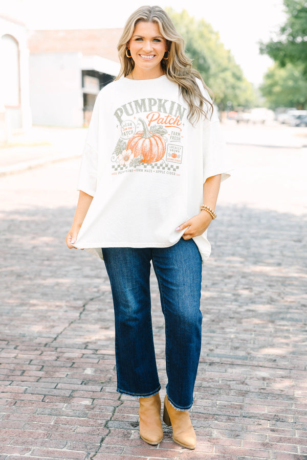Plus Size ivory oversized boyfriend tee with a pumpkin patch graphic and short sleeves.