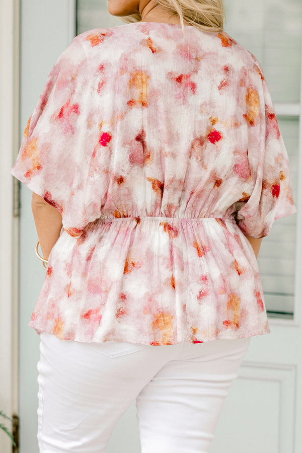 Chic Soul plus size clothing, short-sleeve deep-v-neckline pink top with a watercolor purple floral pattern