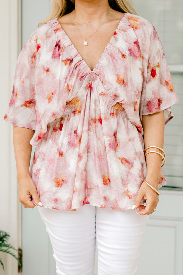 Chic Soul plus size clothing, short-sleeve deep-v-neckline pink top with a watercolor purple floral pattern