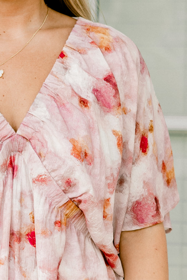 Chic Soul plus size clothing, short-sleeve deep-v-neckline pink top with a watercolor purple floral pattern