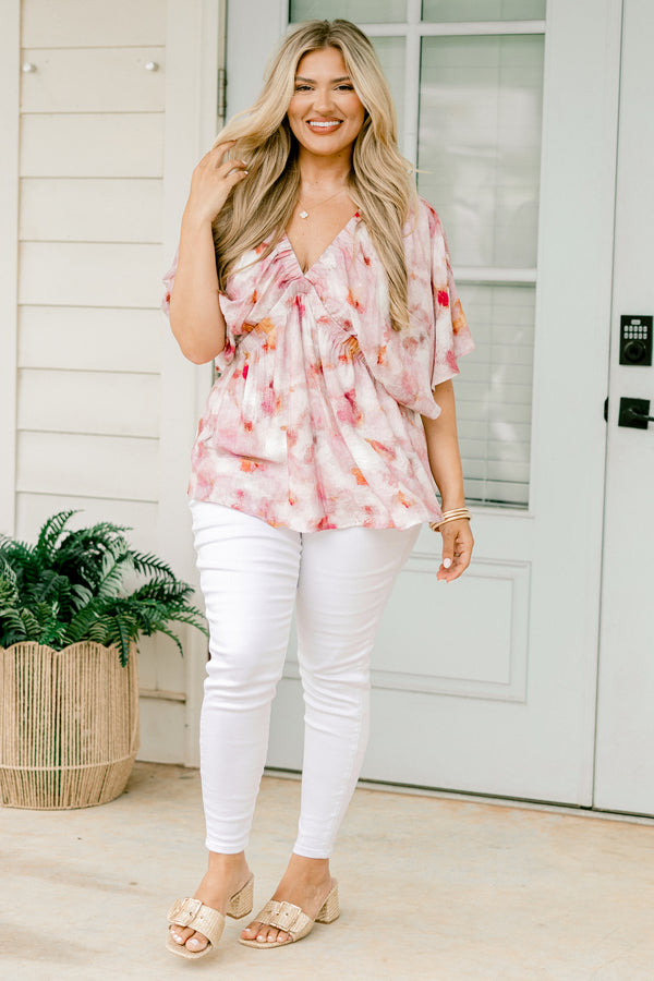 Chic Soul plus size clothing, short-sleeve deep-v-neckline pink top with a watercolor purple floral pattern