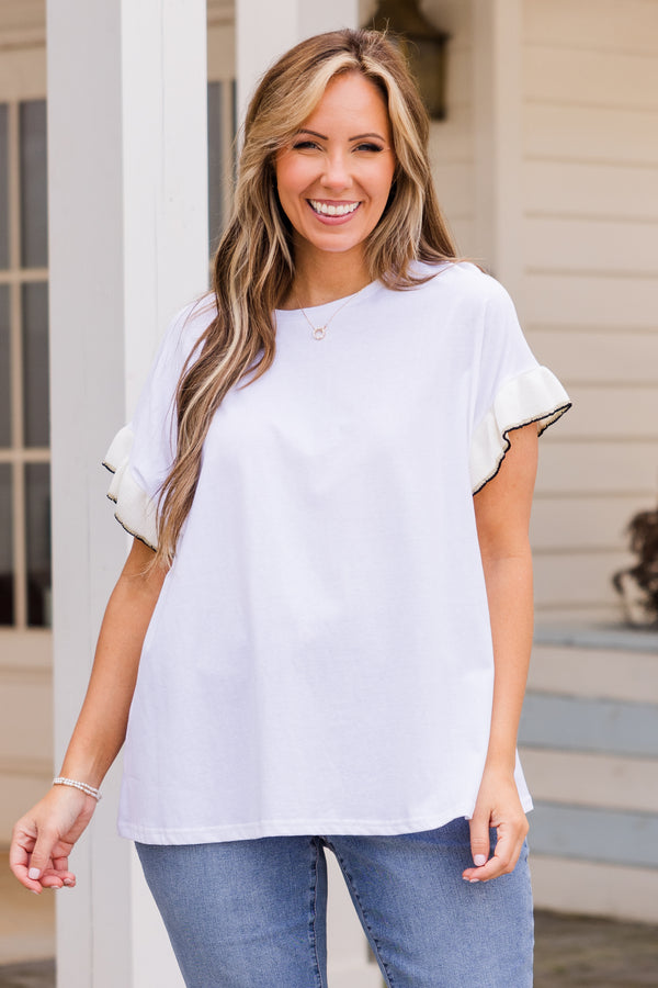 Chic Soul plus size clothing, white short sleeve tshirt top with knit ruffles along sleeves with black and gold detailing