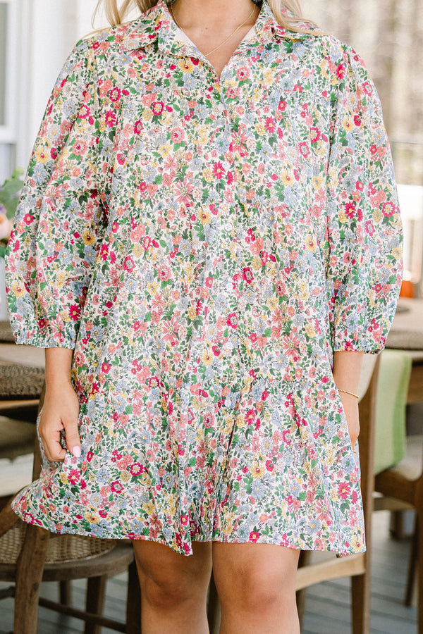 Chic Soul plus size clothing, quarter-balloon-sleeve pink floral collared ruffled short dress 