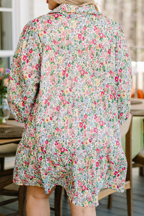 Chic Soul plus size clothing, quarter-balloon-sleeve pink floral collared ruffled short dress 