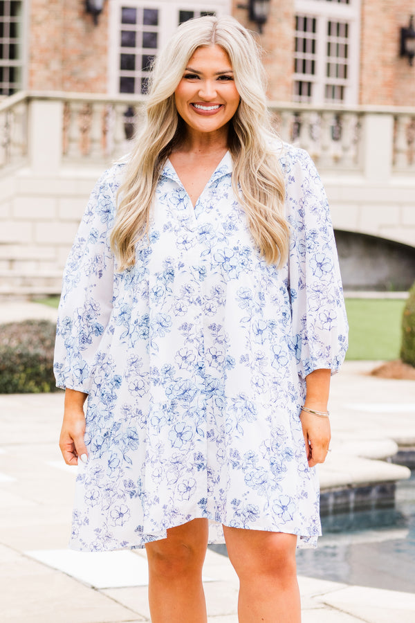 Chic Soul plus size clothing, white long sleeve mini dress with blue floral stencil design with v neck collar detail 