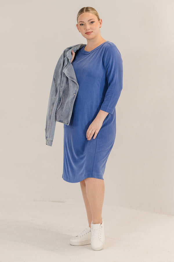 Chic Soul plus size clothing, ombre blue solid long sleeve knee length dress with boatneck line with pockets