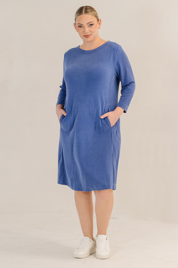 Chic Soul plus size clothing, ombre blue solid long sleeve knee length dress with boatneck line with pockets