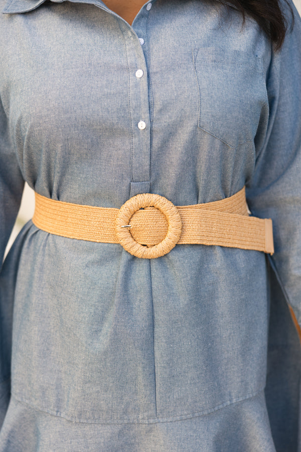 Chic Soul plus size clothing, tan woven belt with a circle woven belt buckle 