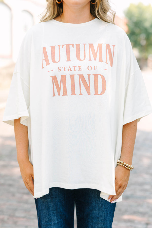 Plus Size ivory oversized boyfriend tee with peach Autumn State of Mind graphic and crew neckline.