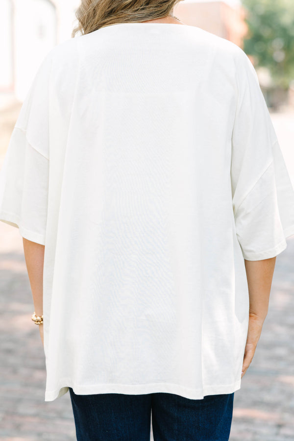 Plus Size ivory oversized boyfriend tee with peach Autumn State of Mind graphic and crew neckline.