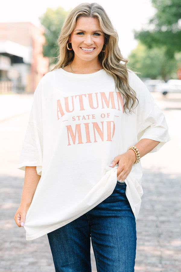 Plus Size ivory oversized boyfriend tee with peach Autumn State of Mind graphic and crew neckline.