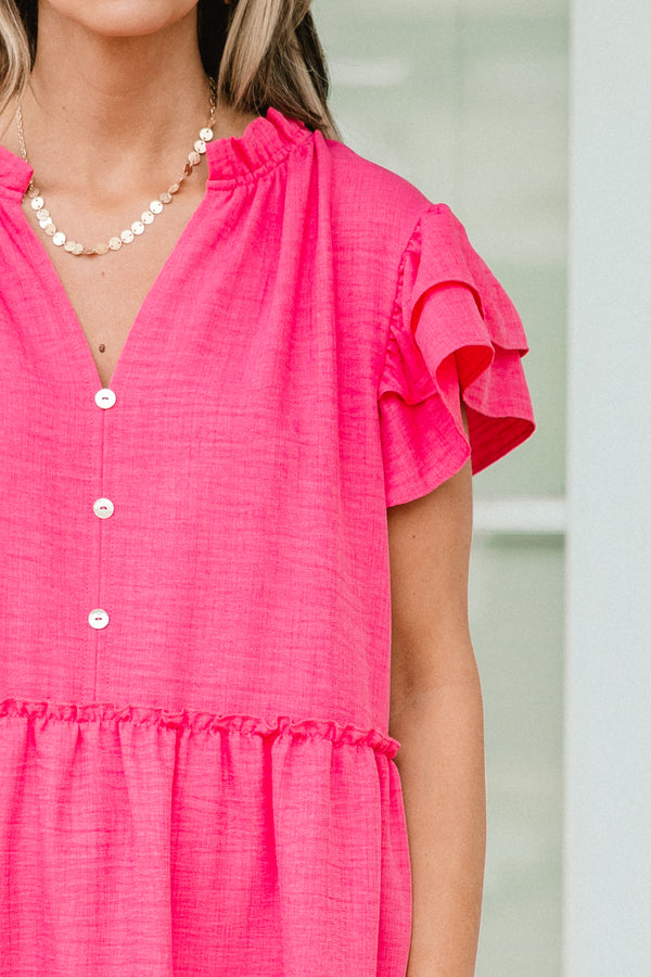 Chic Soul plus size clothing, short-puffed-ruffled-sleeve fuchsia pink ruffled baby doll dress with a white-buttoned-v-neckline 