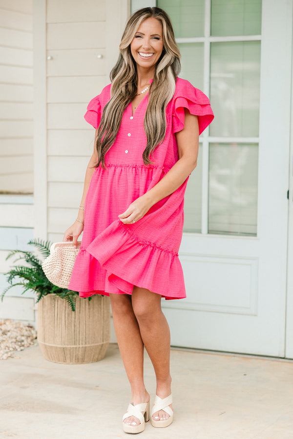 Chic Soul plus size clothing, short-puffed-ruffled-sleeve fuchsia pink ruffled baby doll dress with a white-buttoned-v-neckline 