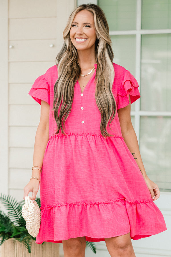 Chic Soul plus size clothing, short-puffed-ruffled-sleeve fuchsia pink ruffled baby doll dress with a white-buttoned-v-neckline 