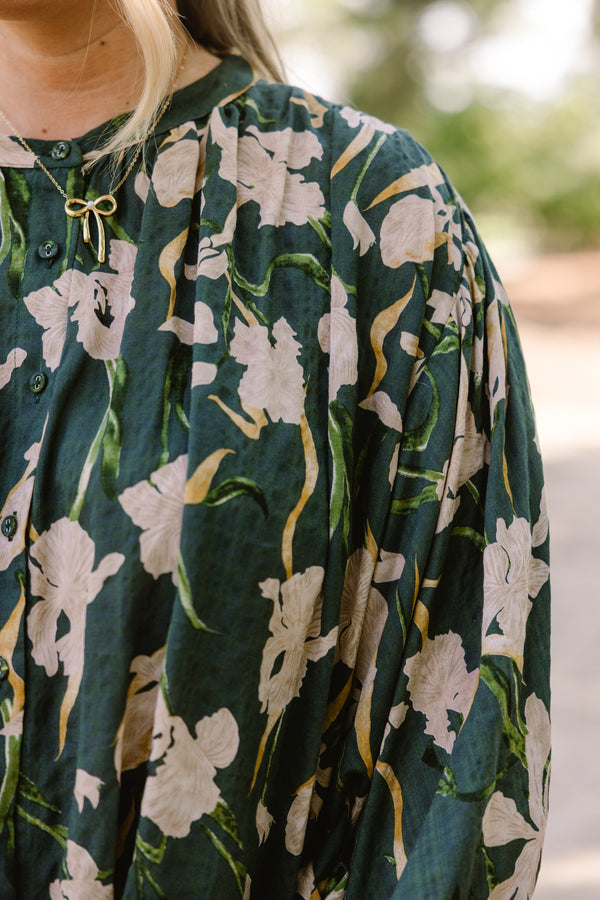 Chic Soul plus size clothing, dark green floral print long puff sleeve button up top