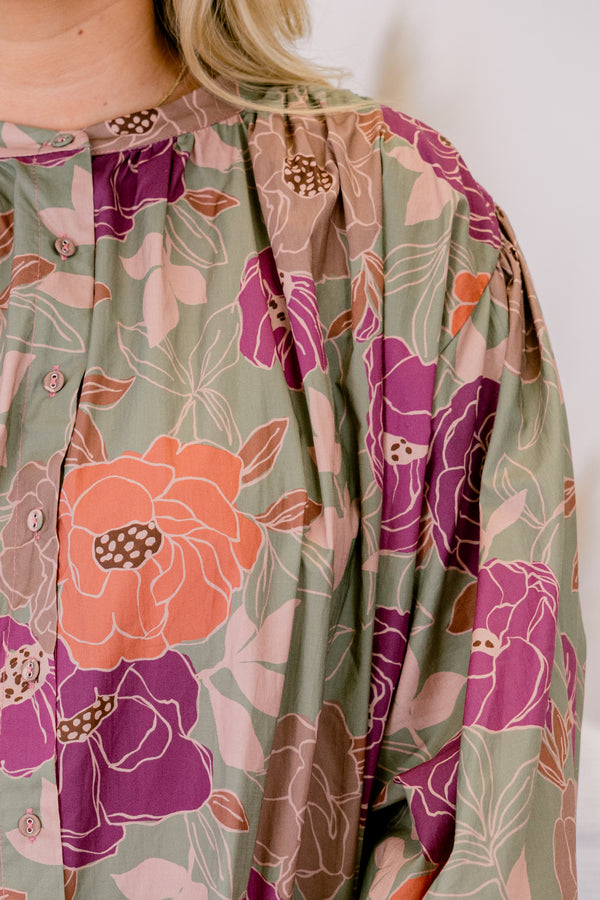 Chic Soul plus size clothing, olive green long sleeve button up top with mixed pink and orange floral print