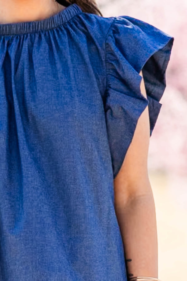 Chic Soul plus size clothing, denim top with ruffle short sleeve and synch round neckline with tie detail in the back
