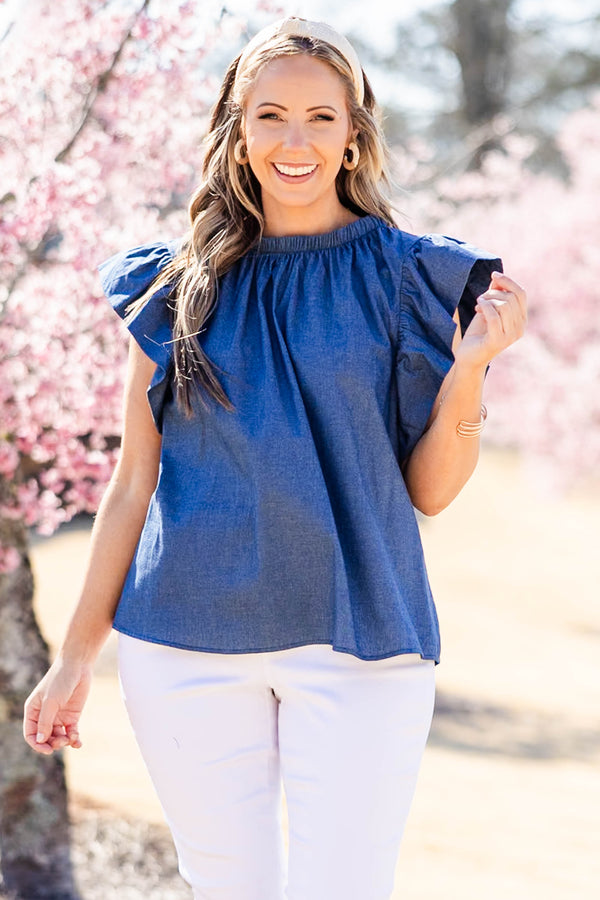 Chic Soul plus size clothing, denim top with ruffle short sleeve and synch round neckline with tie detail in the back