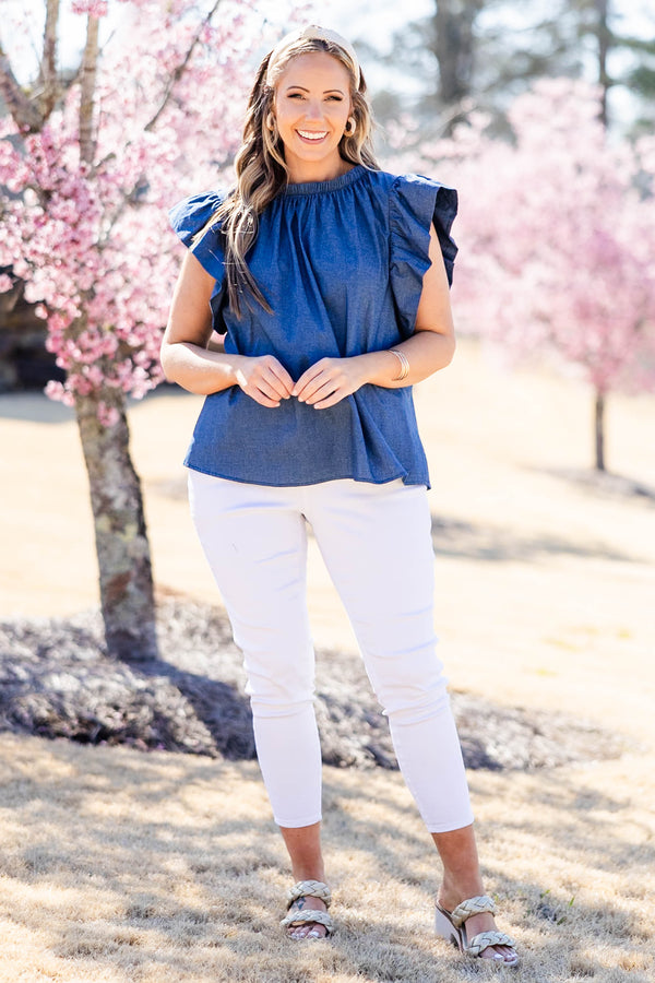 Chic Soul plus size clothing, denim top with ruffle short sleeve and synch round neckline with tie detail in the back