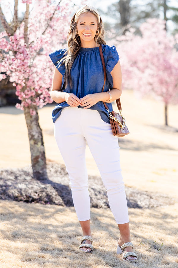 Chic Soul plus size clothing, denim top with ruffle short sleeve and synch round neckline with tie detail in the back