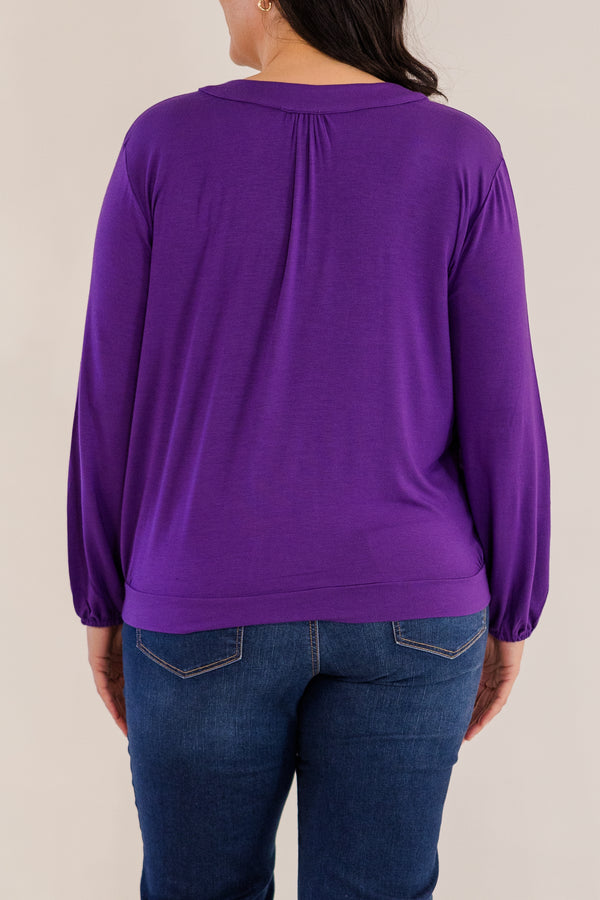 Chic Soul plus size clothing, petunia deep purple long sleeve top with v neckline with cuffed sleeves