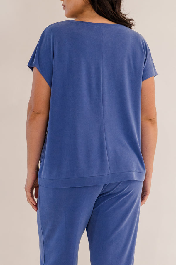 Chic Soul plus size clothing, ombre blue short sleeve flowy top with cross front detail with round neckline