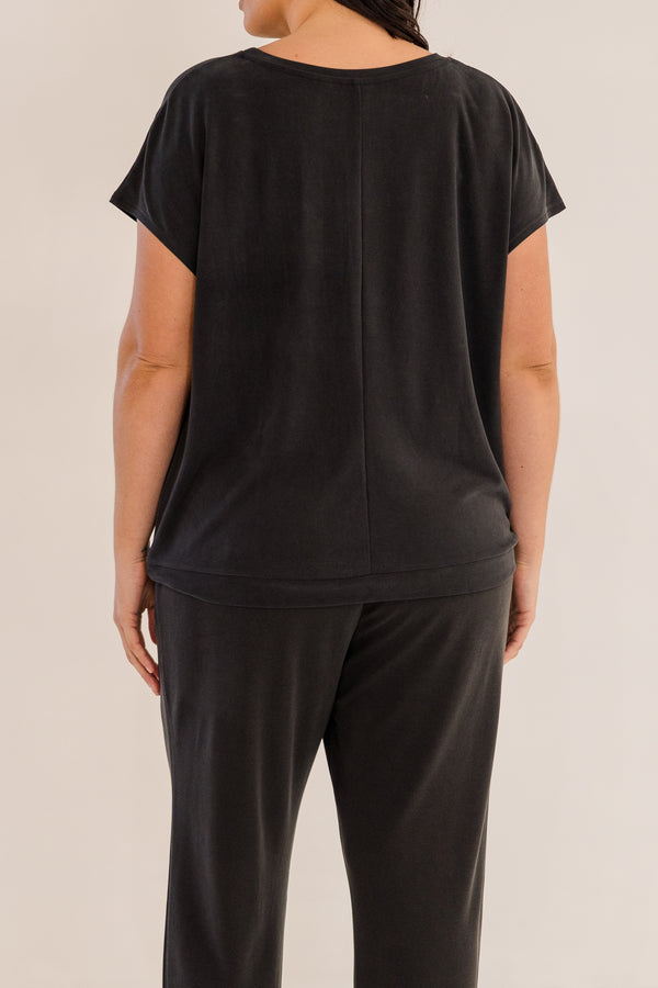 Chic Soul plus size clothing, black short sleeve flowy top with cross front detail with round neckline