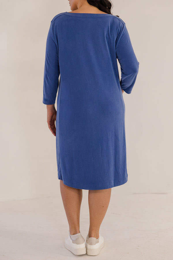 Chic Soul plus size clothing, ombre blue solid long sleeve knee length dress with boatneck line with pockets