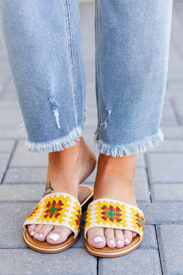 Chic Soul plus size clothing, yellow crochet strap sandals that are flat