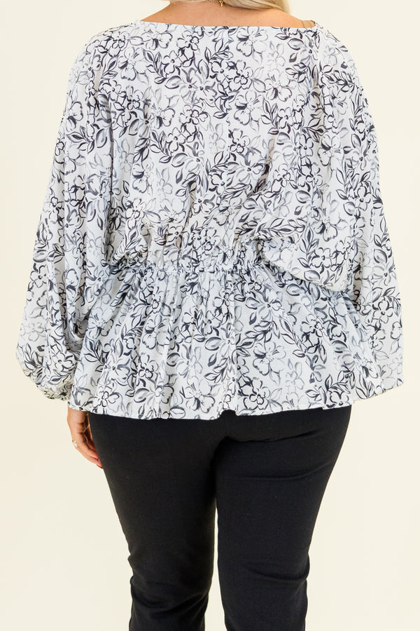 Chic Soul plus size clothing, grey slate long sleeve babydoll cinched waist top with black floral design with v neckline and cuff sleeves