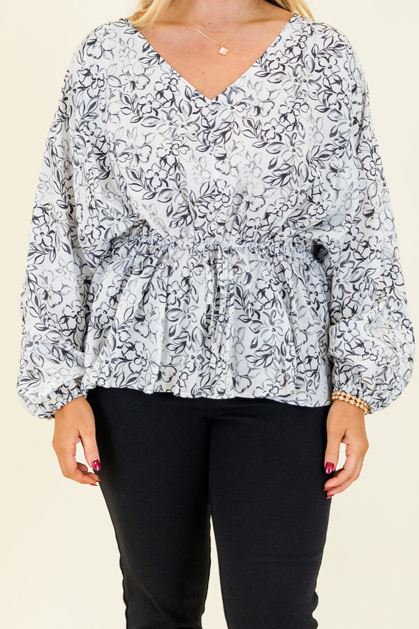 Chic Soul plus size clothing, grey slate long sleeve babydoll cinched waist top with black floral design with v neckline and cuff sleeves