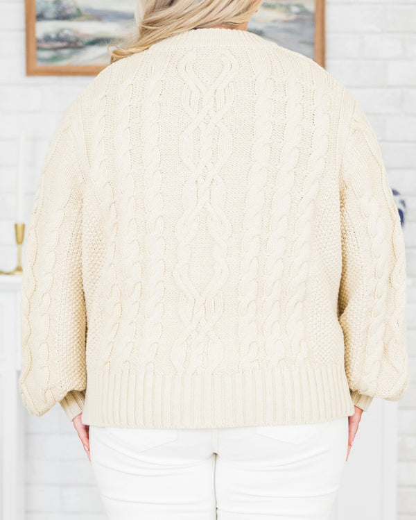 Chic Soul plus size clothing, long-sleeve taupe cream chunky cable-knit cardigan with light tortoise button detailing
