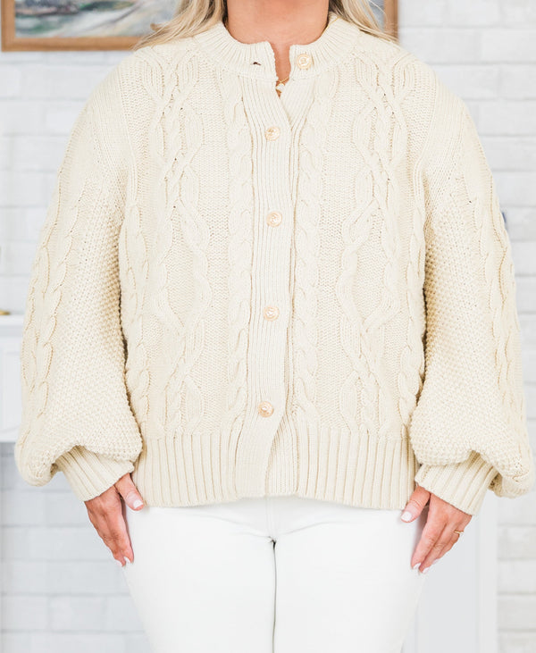 Chic Soul plus size clothing, long-sleeve taupe cream chunky cable-knit cardigan with light tortoise button detailing