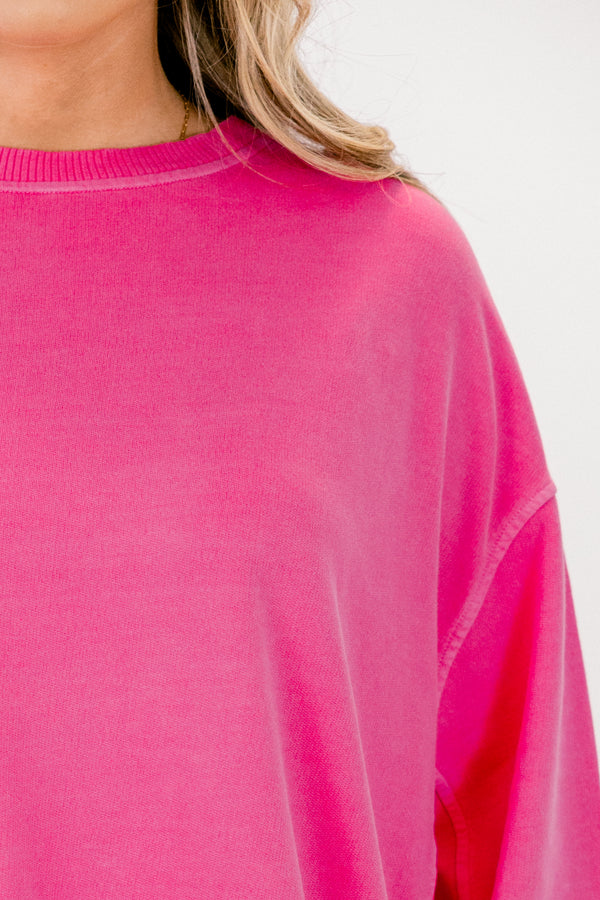 Chic Soul plus size clothing, hot pink long sleeve pullover with side slits