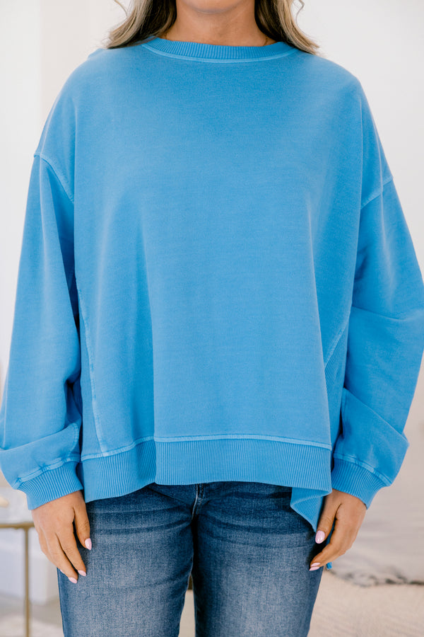 Chic Soul plus size clothing, ocean blue long sleeve pullover with side slits