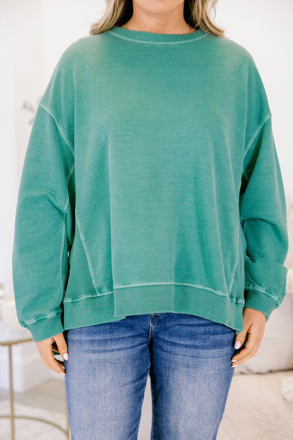 Chic Soul plus size clothing, teal green long sleeve pullover with side slits