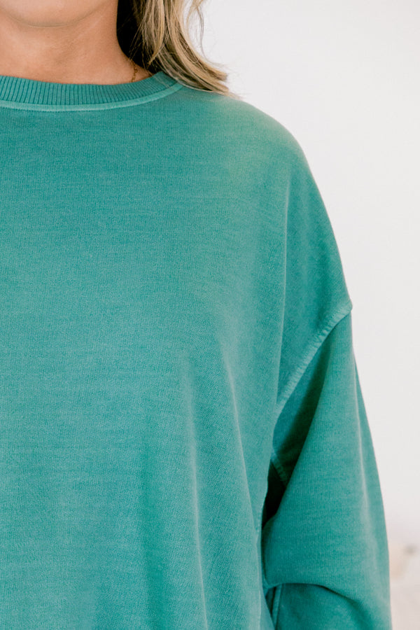 Chic Soul plus size clothing, teal green long sleeve pullover with side slits