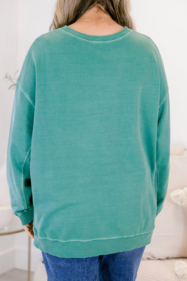 Chic Soul plus size clothing, teal green long sleeve pullover with side slits