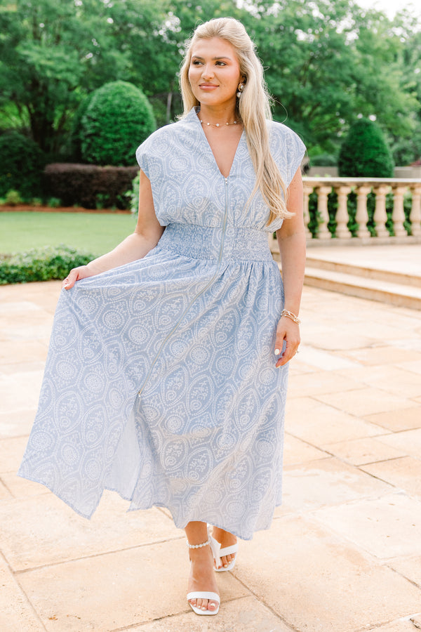 Chic Soul plus size clothing, white embroidered light sky blue midi dress with ruched waist and zipper down the front