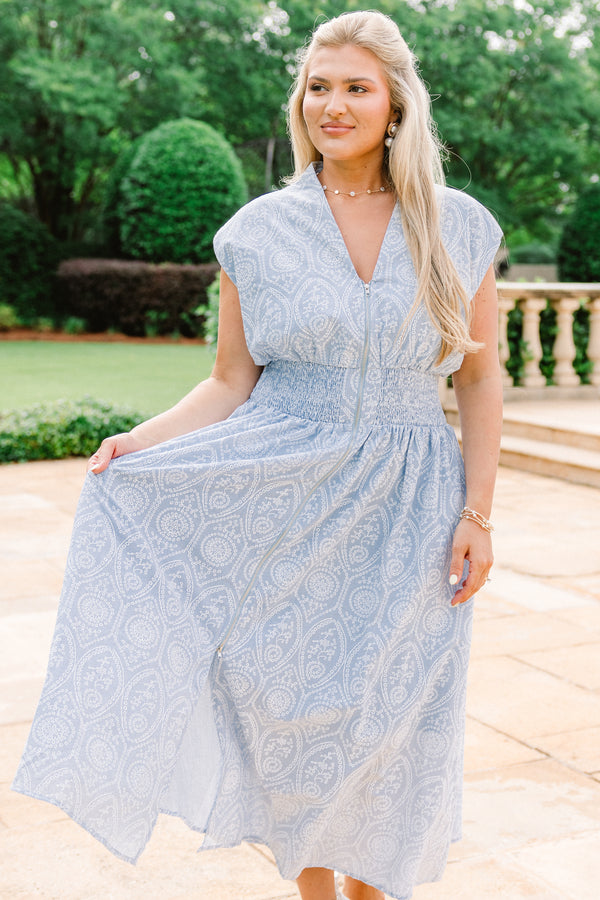 Chic Soul plus size clothing, white embroidered light sky blue midi dress with ruched waist and zipper down the front