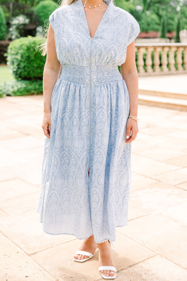 Chic Soul plus size clothing, white embroidered light sky blue midi dress with ruched waist and zipper down the front